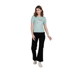 Astron – Designer Printed Round Neck Half Sleeves Green Color Cotton T-Shirt for Women
