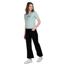 Astron – Designer Printed Round Neck Half Sleeves Green Color Cotton T-Shirt for Women