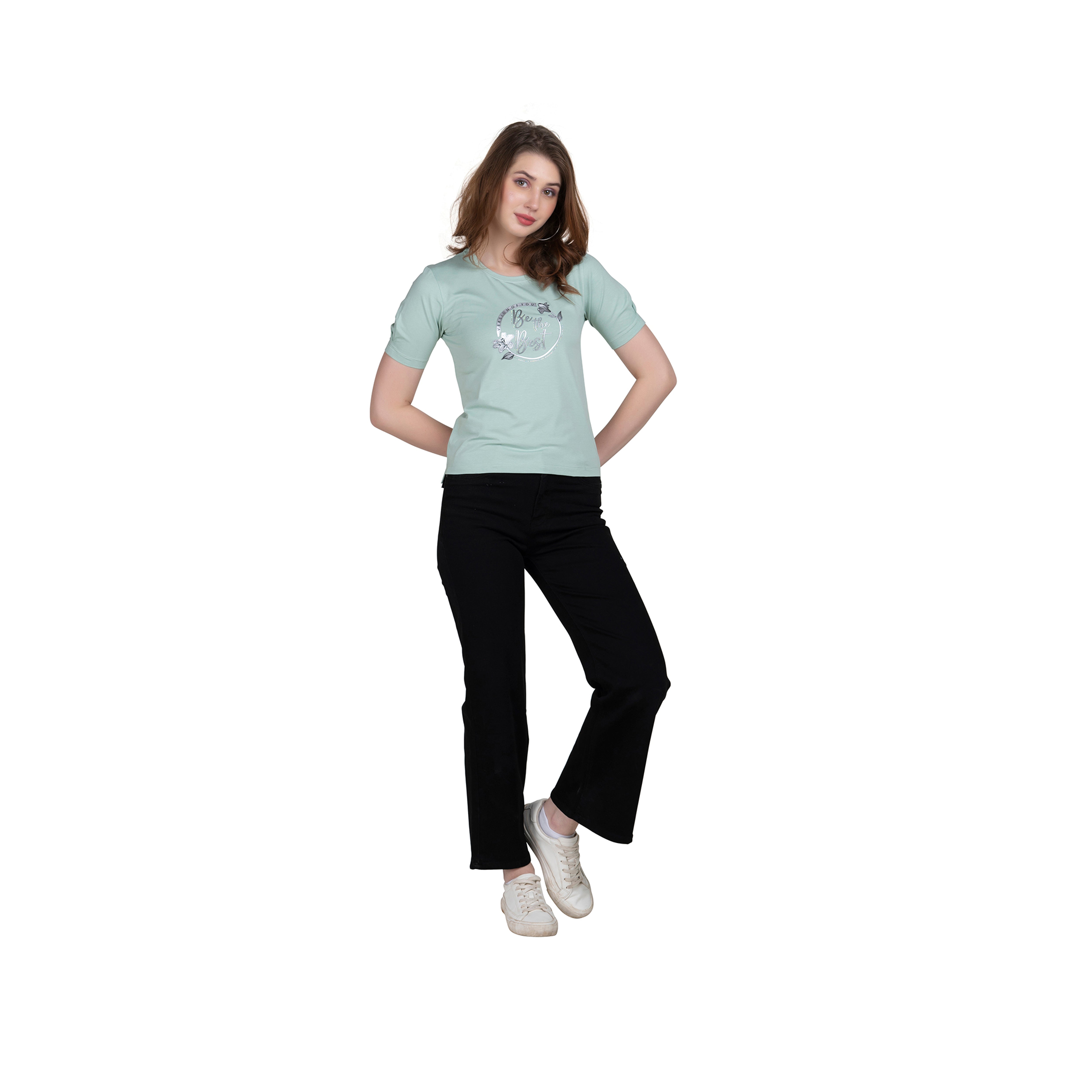 Astron – Designer Printed Round Neck Half Sleeves Green Color Cotton T-Shirt for Women