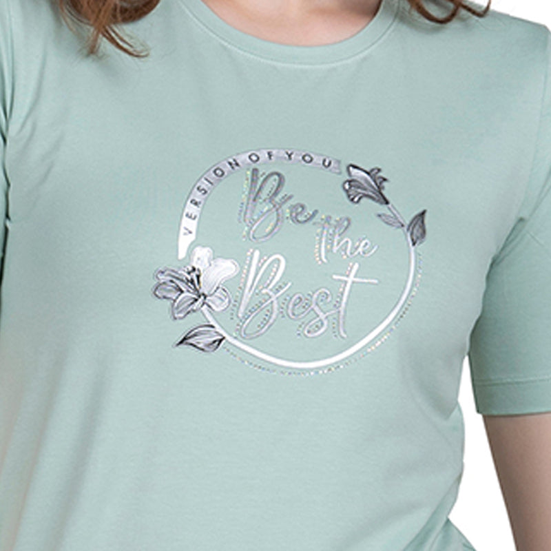 Astron – Designer Printed Round Neck Half Sleeves Green Color Cotton T-Shirt for Women