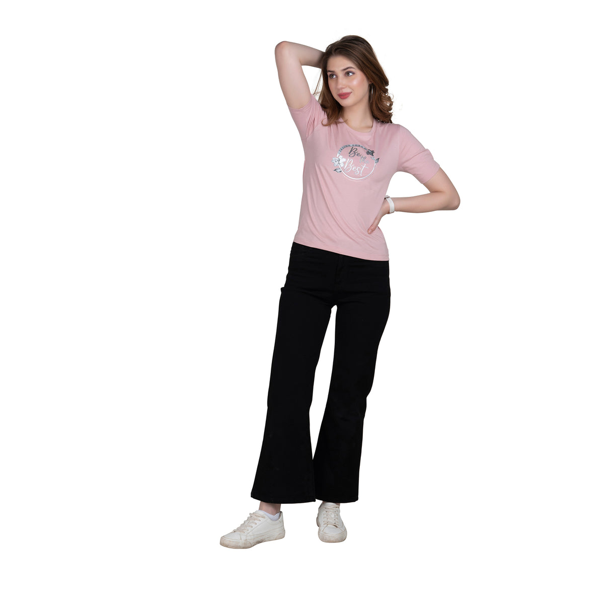 Astron – Designer Printed Round Neck Half Sleeves Pink Color Cotton T-Shirt for Women