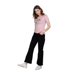 Astron – Designer Printed Round Neck Half Sleeves Pink Color Cotton T-Shirt for Women