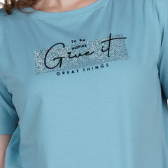 Astron – Boat Neck Blue Color Printed Half Sleeves Cotton T-Shirt for Women