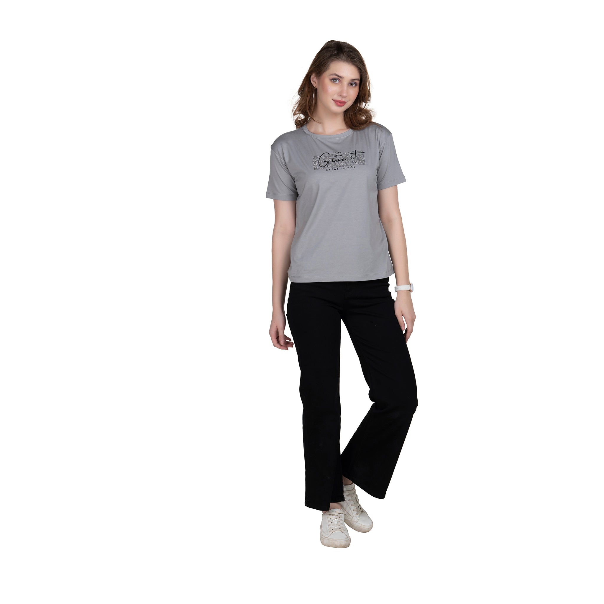 Astron – Boat Neck Wine Color Printed Half Sleeves Cotton T-Shirt for Women