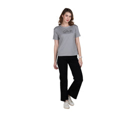Astron – Boat Neck Grey Color Printed Half Sleeves Cotton T-Shirt for Women