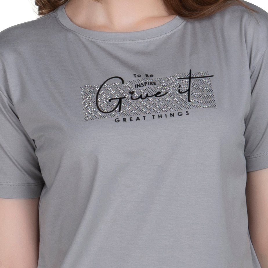 Astron – Boat Neck Wine Color Printed Half Sleeves Cotton T-Shirt for Women