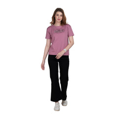 Astron – Boat Neck Wine Color Printed Half Sleeves Cotton T-Shirt for Women