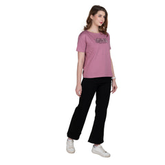 Astron – Boat Neck Wine Color Printed Half Sleeves Cotton T-Shirt for Women