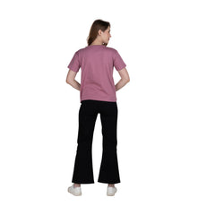 Astron – Boat Neck Wine Color Printed Half Sleeves Cotton T-Shirt for Women