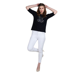 Astron – Boat Neck Printed Black Color Cotton T-Shirt for Women