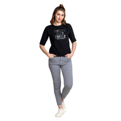 Astron – Boat Neck Printed Black Color Cotton T-Shirt for Women