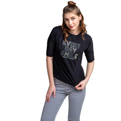 Astron – Boat Neck Printed Black Color Cotton T-Shirt for Women