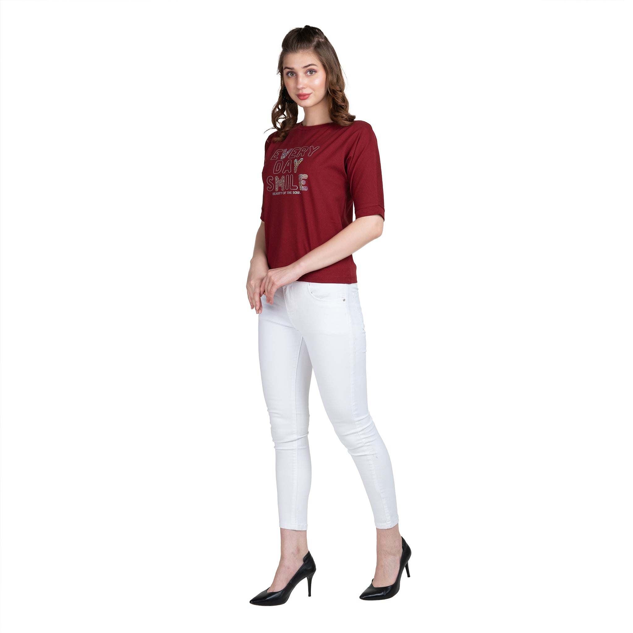 Astron – Boat Neck Printed Maroon Color Cotton T-Shirt for Women