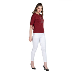 Astron – Boat Neck Printed Maroon Color Cotton T-Shirt for Women