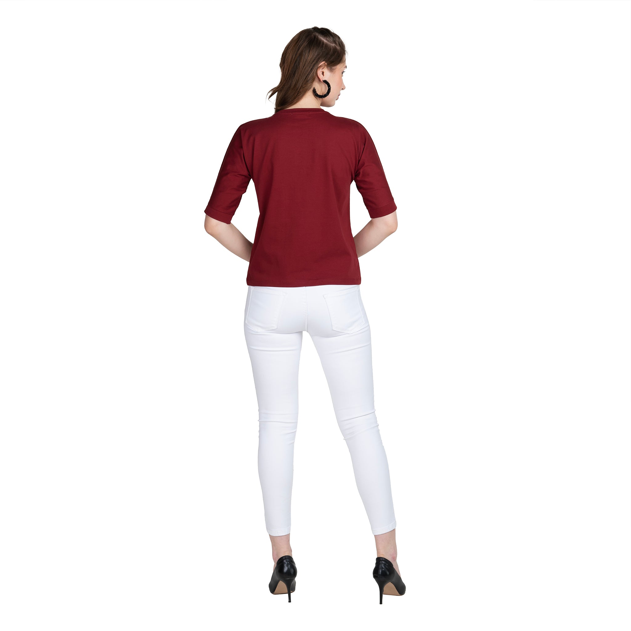 Astron – Boat Neck Printed Maroon Color Cotton T-Shirt for Women