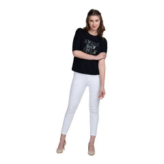 Astron – Boat Neck Printed Navy Blue Color Cotton T-Shirt for Women