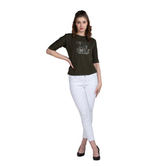 Astron – Boat Neck Printed Olive Color Cotton T-Shirt for Women