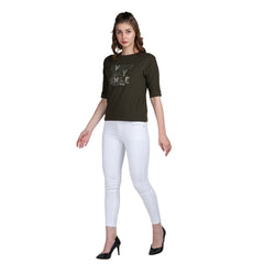 Astron – Boat Neck Printed Olive Color Cotton T-Shirt for Women