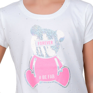 Teddy Bear Printed GIrls Cotton Round Neck T-shirt