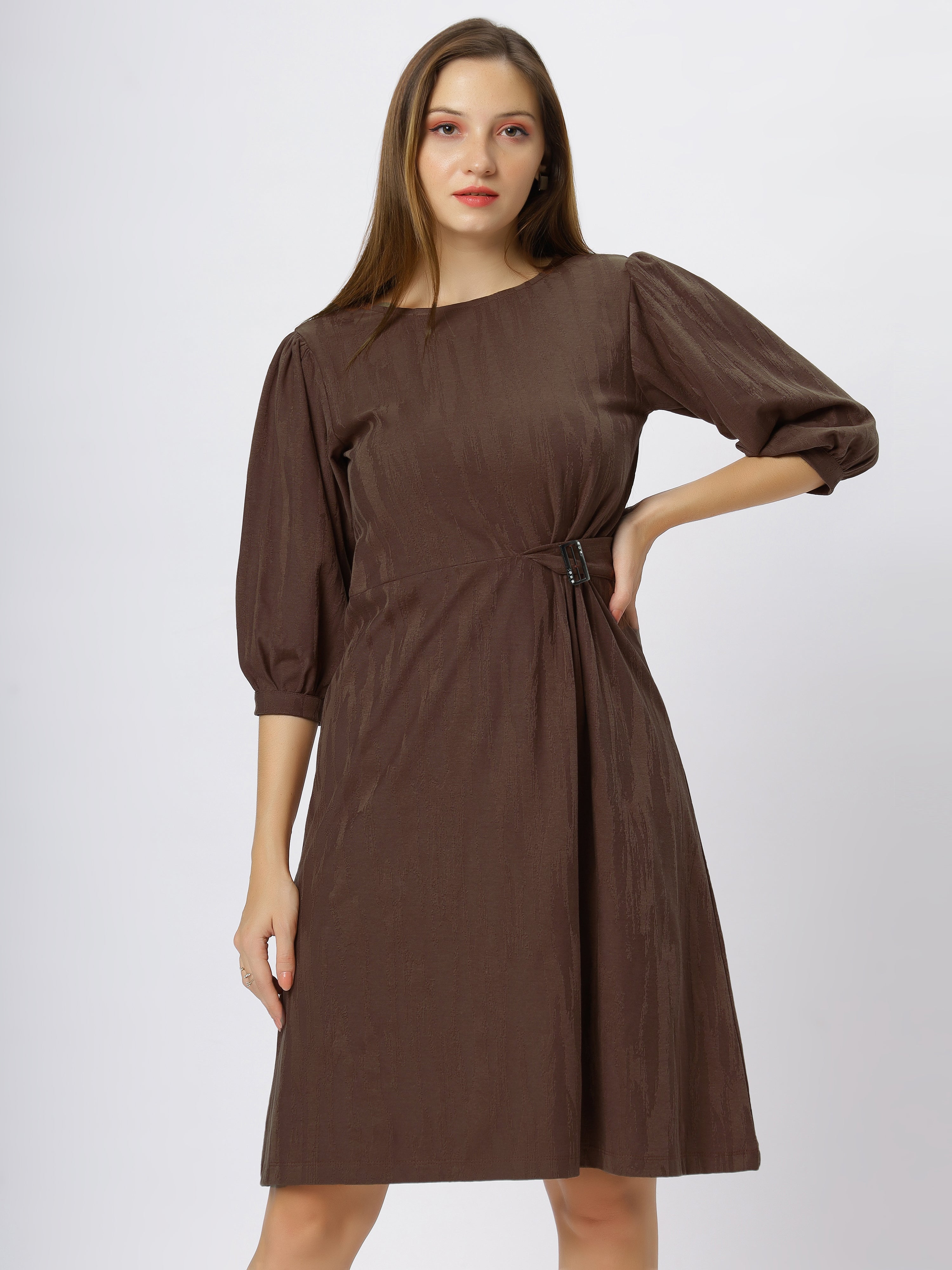 Round Neck Aline Knee Length Dress With Belt