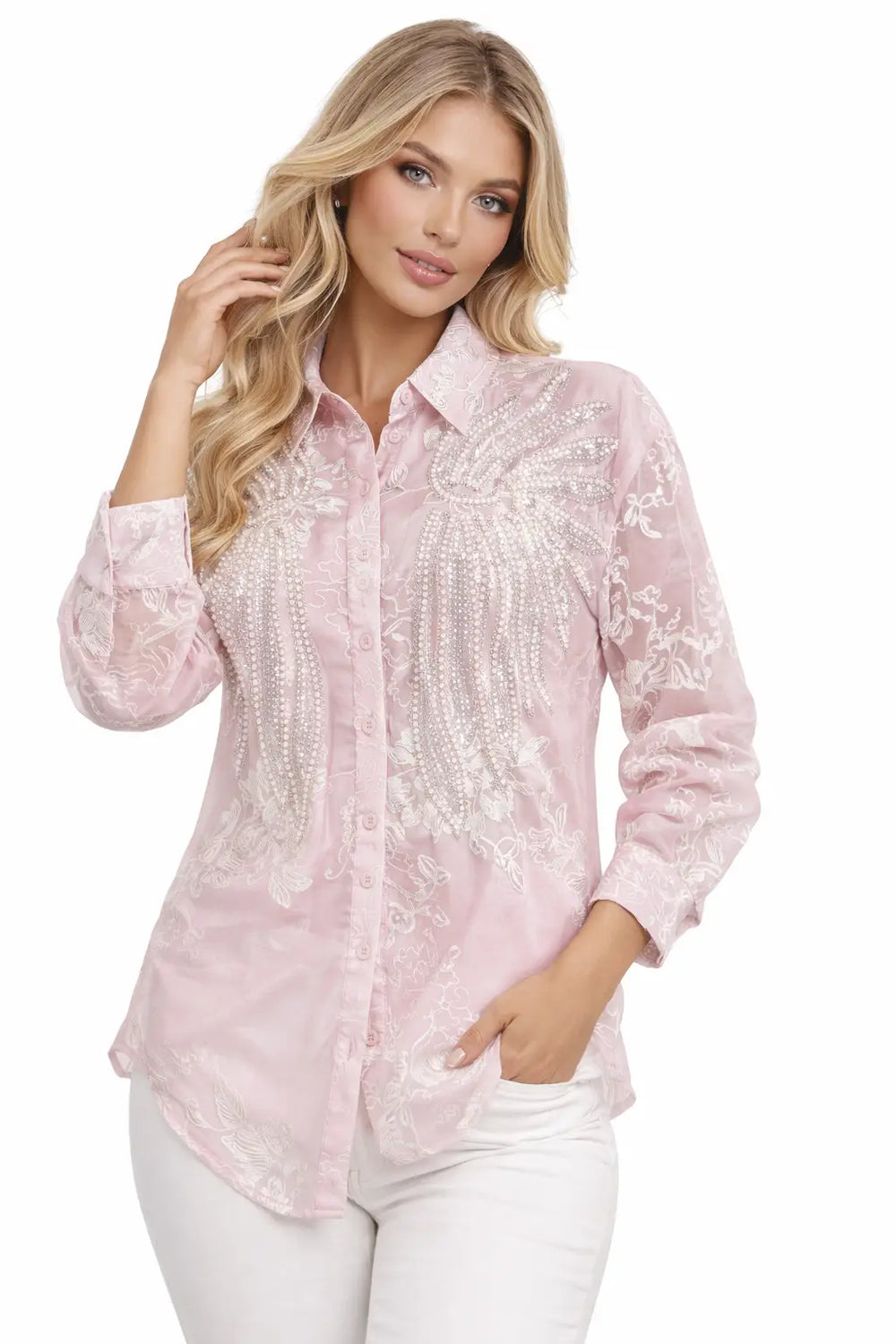 Women’s Ivory Embroidered Full-Sleeve Loose Fit Shirt - ASTRON