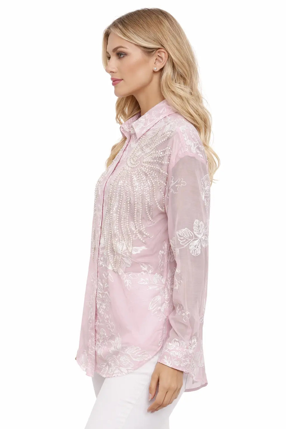 Women’s Ivory Embroidered Full-Sleeve Loose Fit Shirt - ASTRON