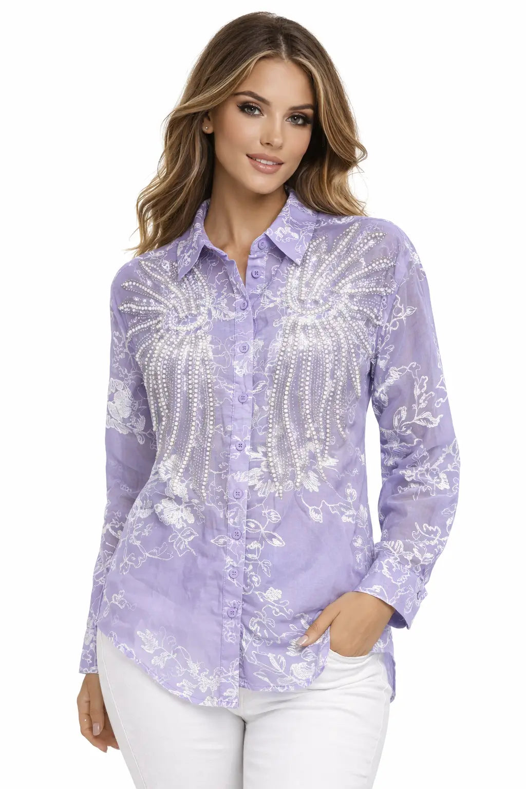Women’s Ivory Embroidered Full-Sleeve Loose Fit Shirt - ASTRON