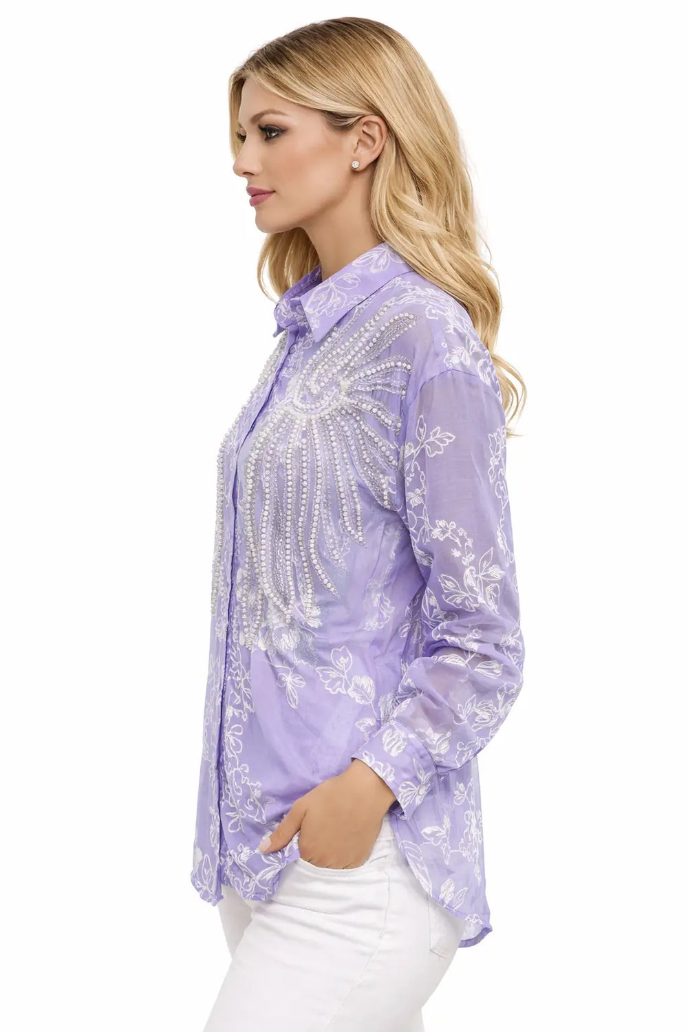 Women’s Ivory Embroidered Full-Sleeve Loose Fit Shirt - ASTRON