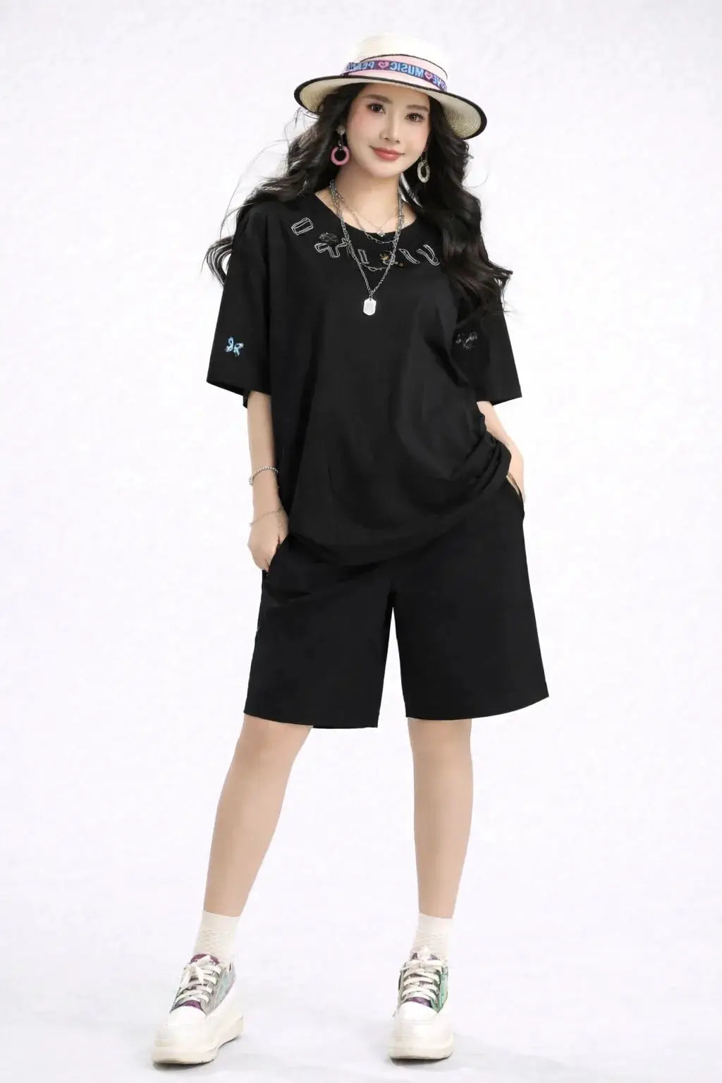 Women’s Oversized Embroidered Down-Shoulder T-Shirt - ASTRON