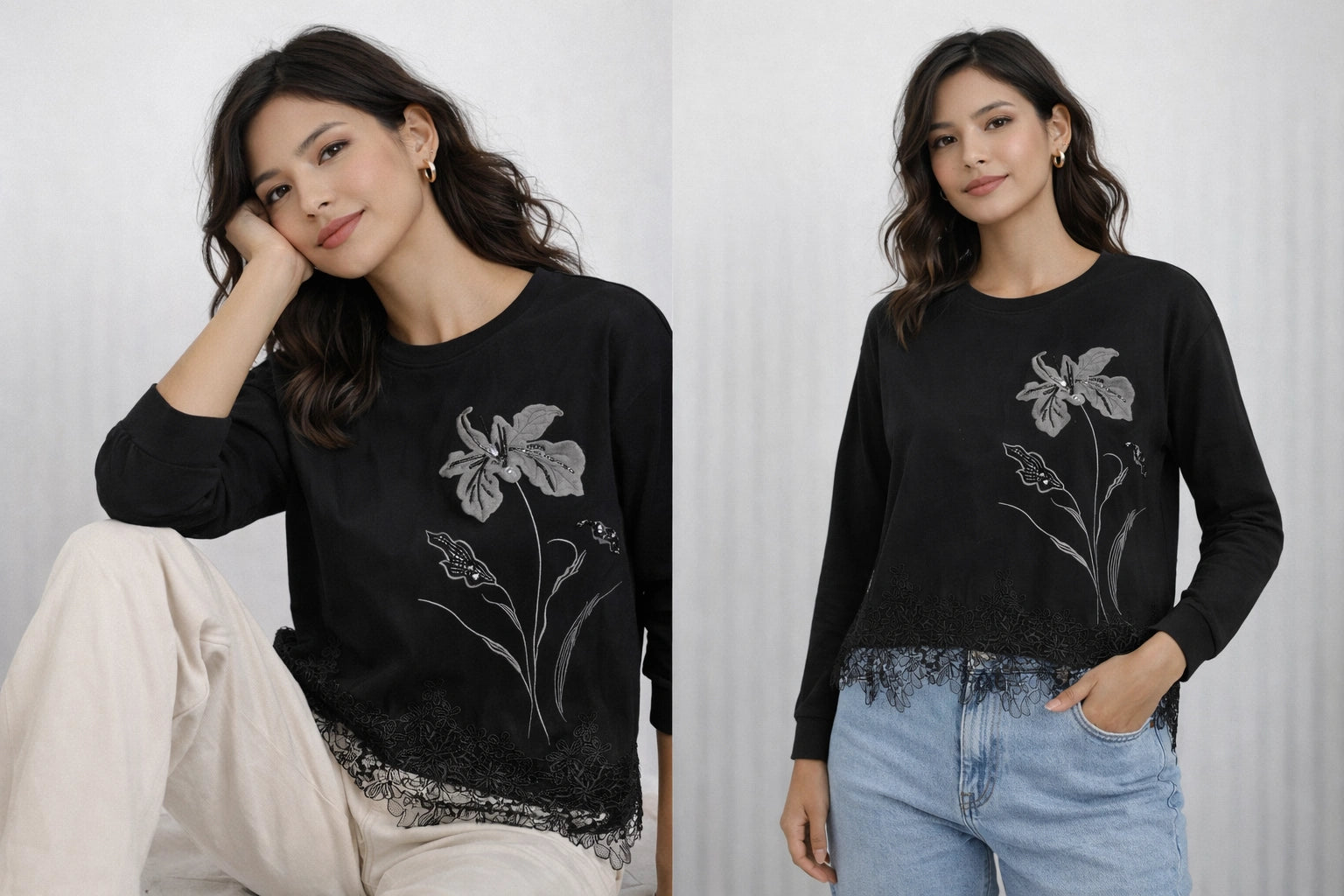 Women’s Floral Lace Hem Sweatshirt