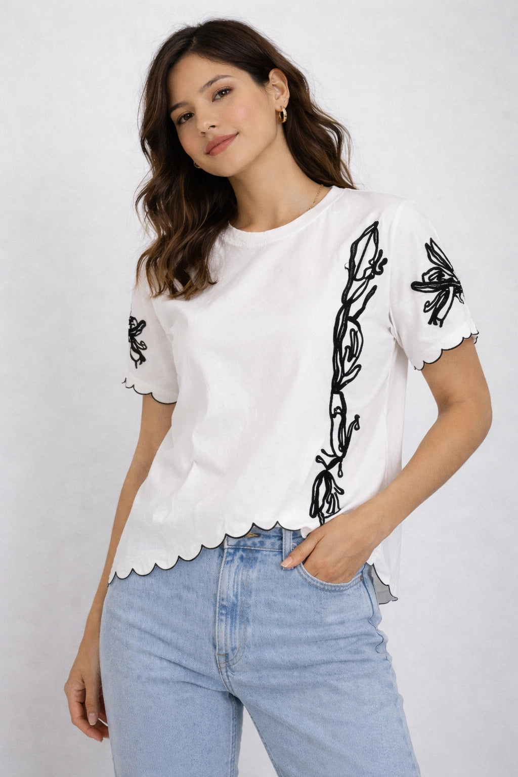 Women’s Embroidered Scallop Hem Top