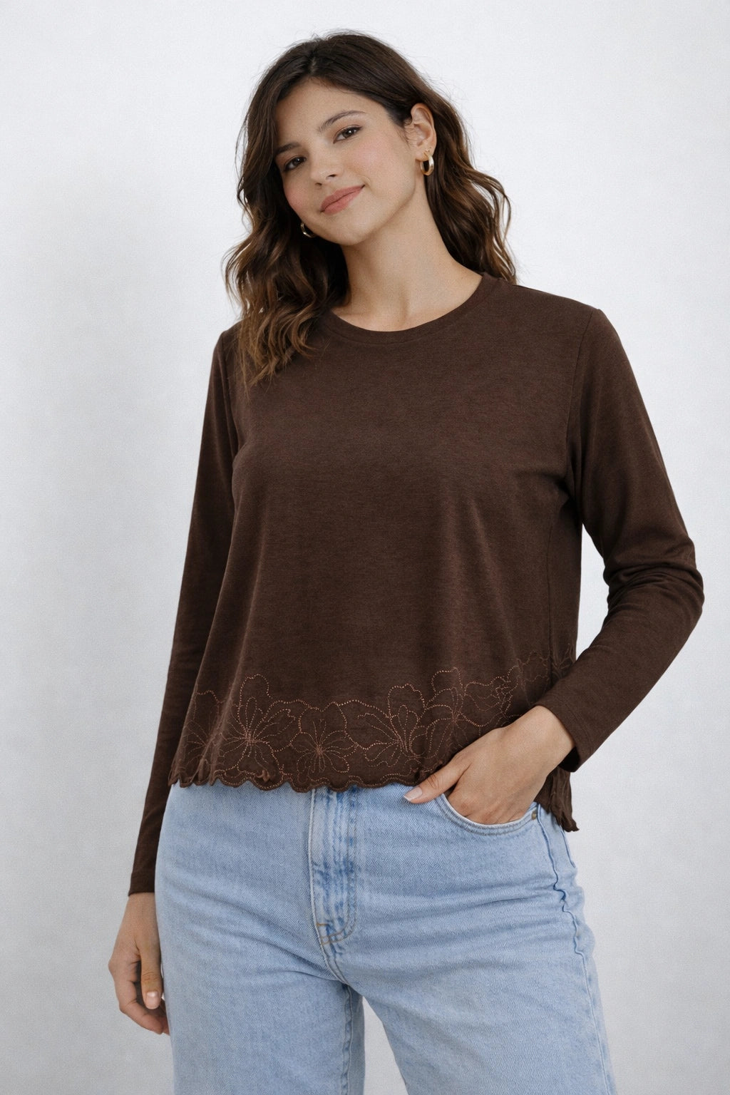 Women’s Embroidered Hem Long Sleeve Top