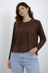 Women’s Embroidered Hem Long Sleeve Top