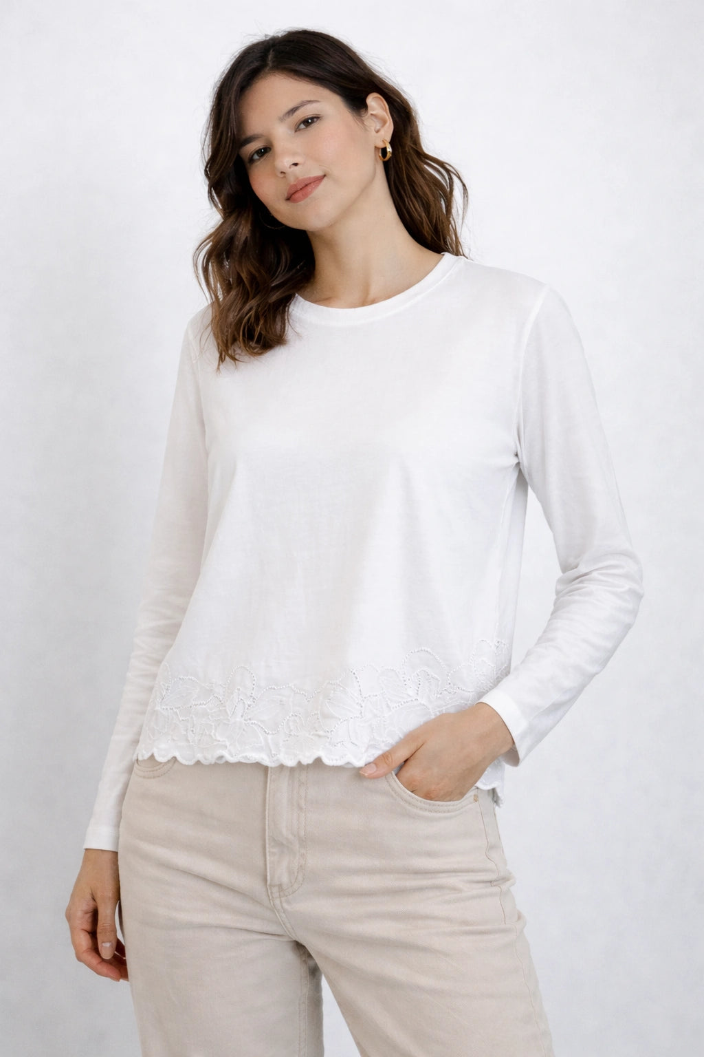 Women’s Embroidered Hem Long Sleeve Top