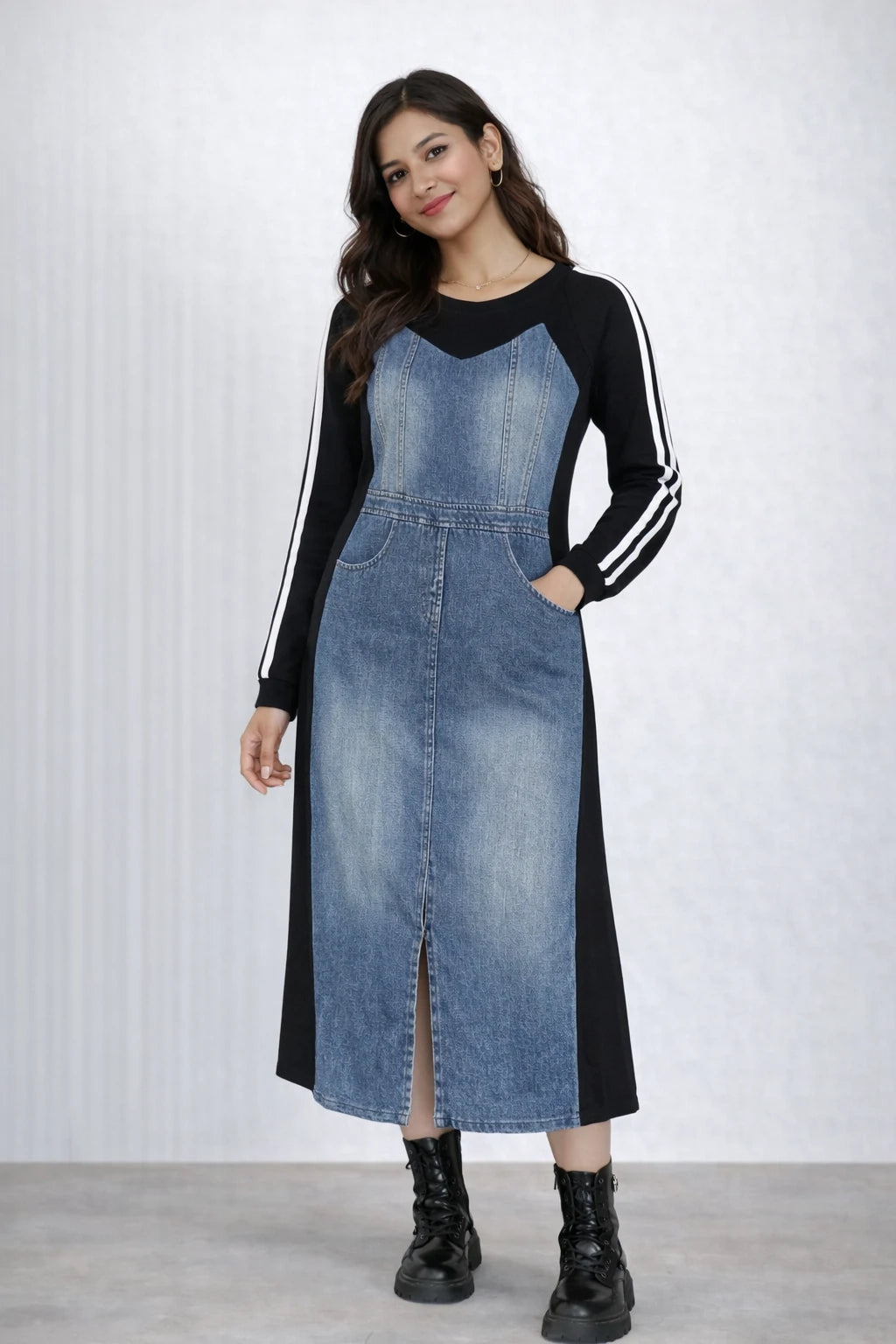 Women’s Denim Paneled Midi Dress