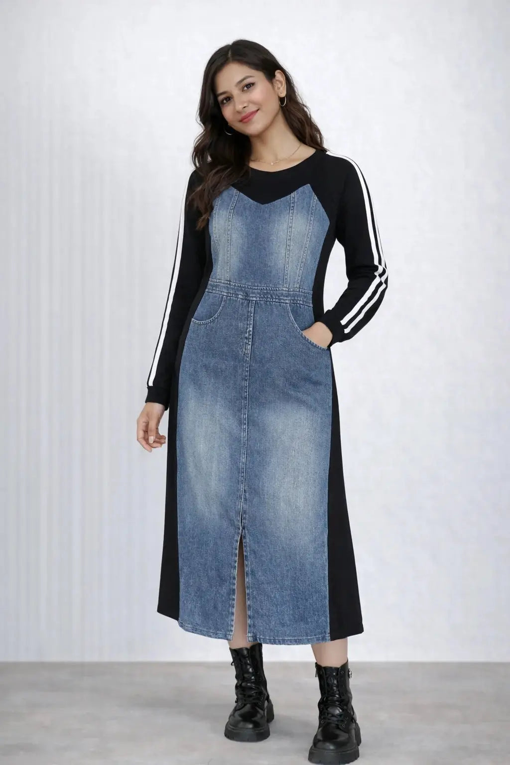Women’s Denim Paneled Midi Dress - ASTRON