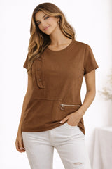 Woman wearing a brown t-shirt with a zipper detail on a white background