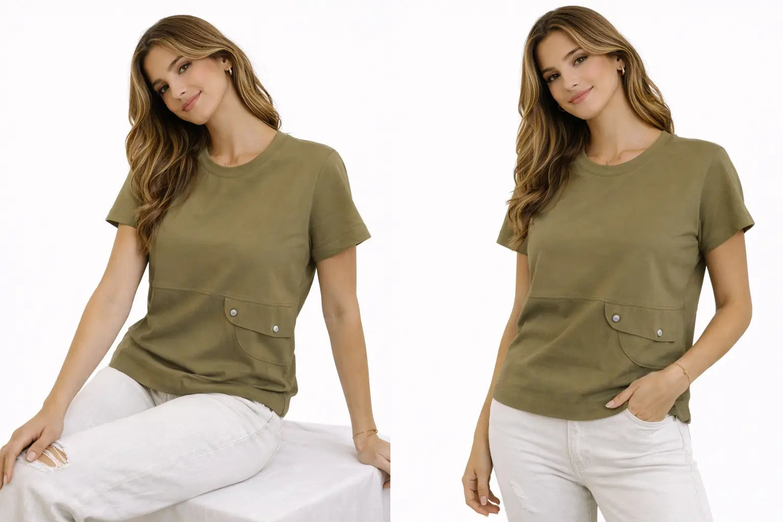 Woman wearing an olive green t-shirt with a pocket on a white background