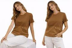 Woman wearing a brown t-shirt with a pocket on a white background