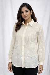Women’s Ivory Embroidered Full-Sleeve Loose Fit Shirt - ASTRON