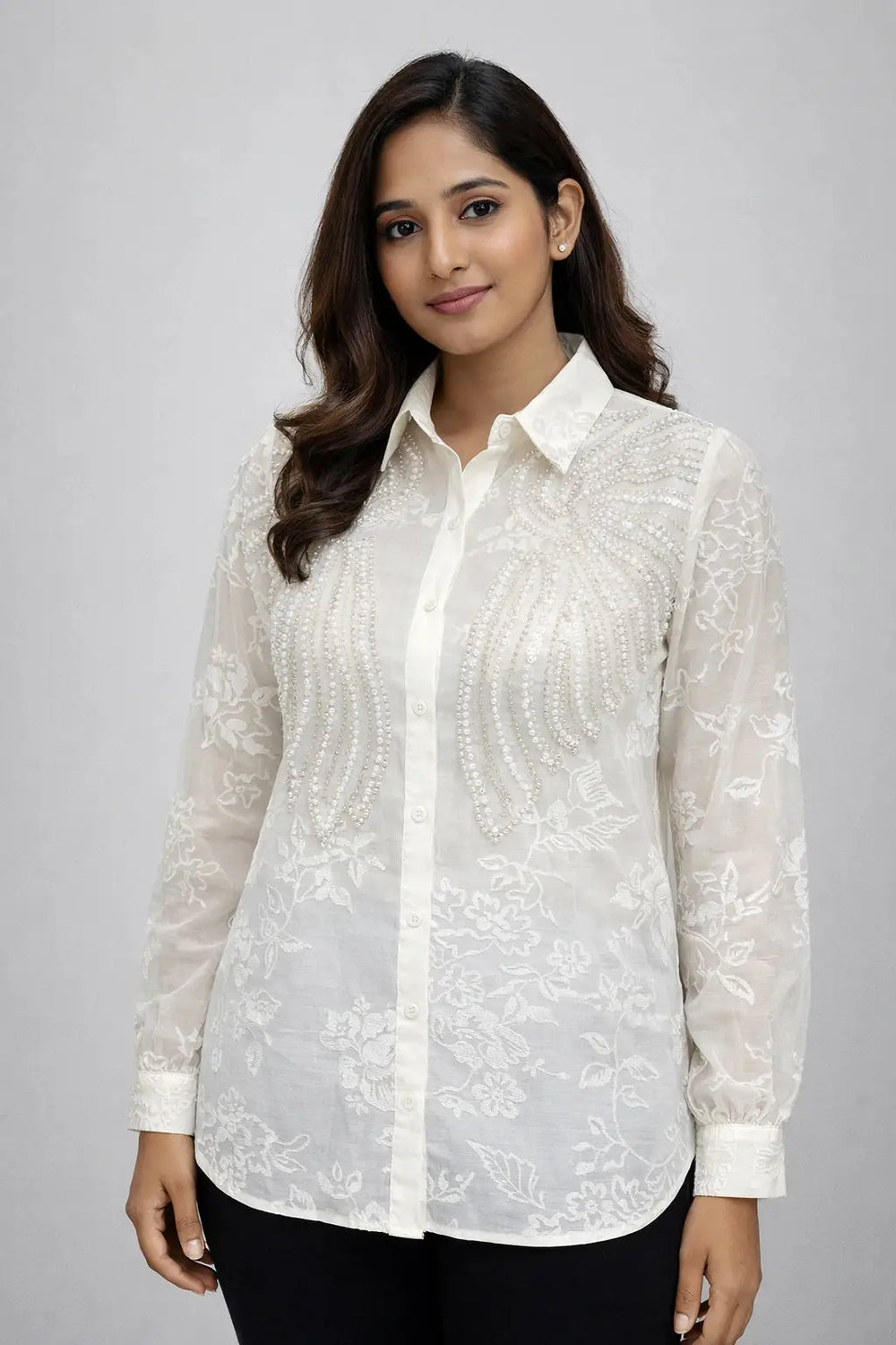 Women’s Ivory Embroidered Full-Sleeve Loose Fit Shirt - ASTRON