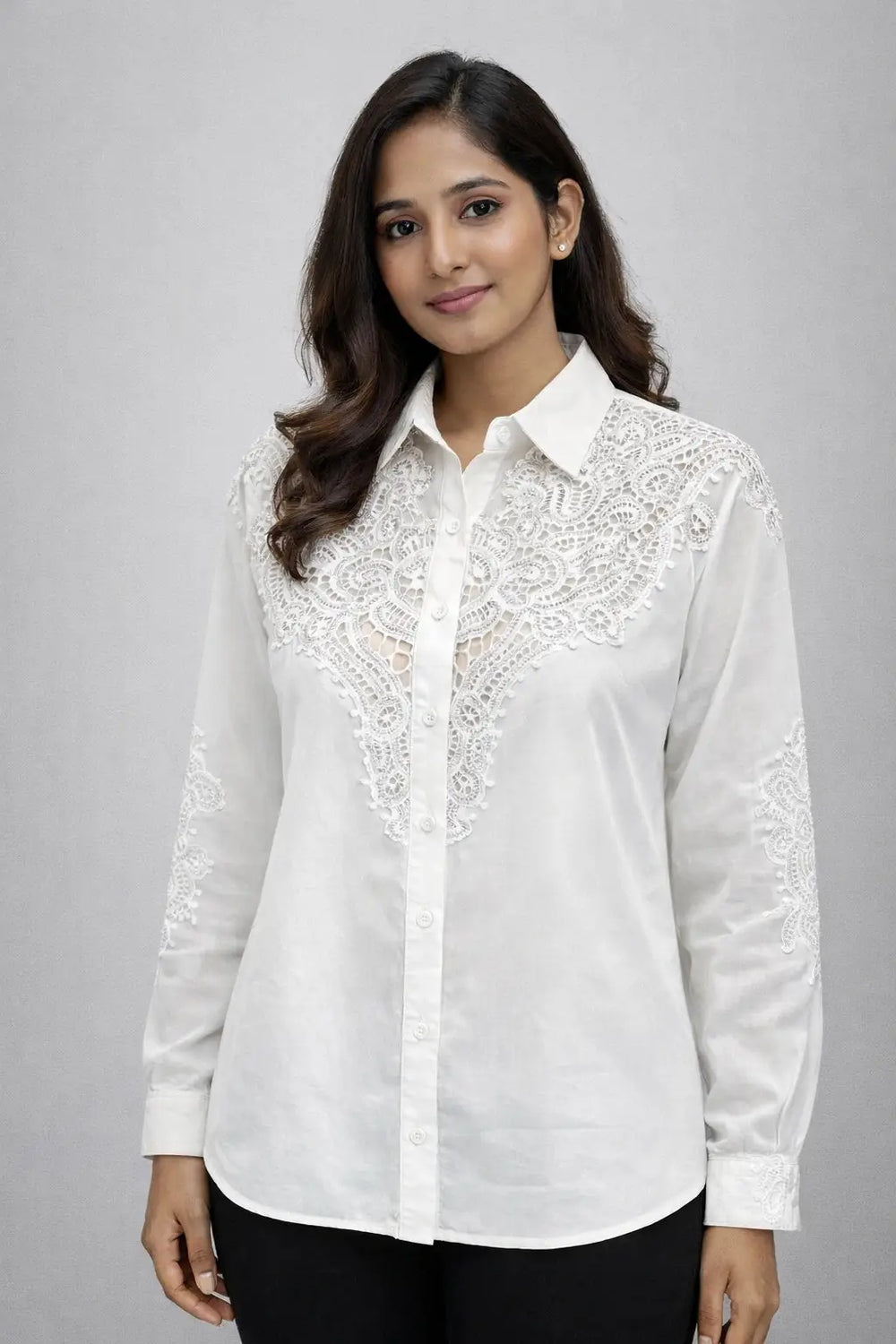 Women’s White Lace-Embroidered Shoulder Down Loose Fit Shirt - ASTRON