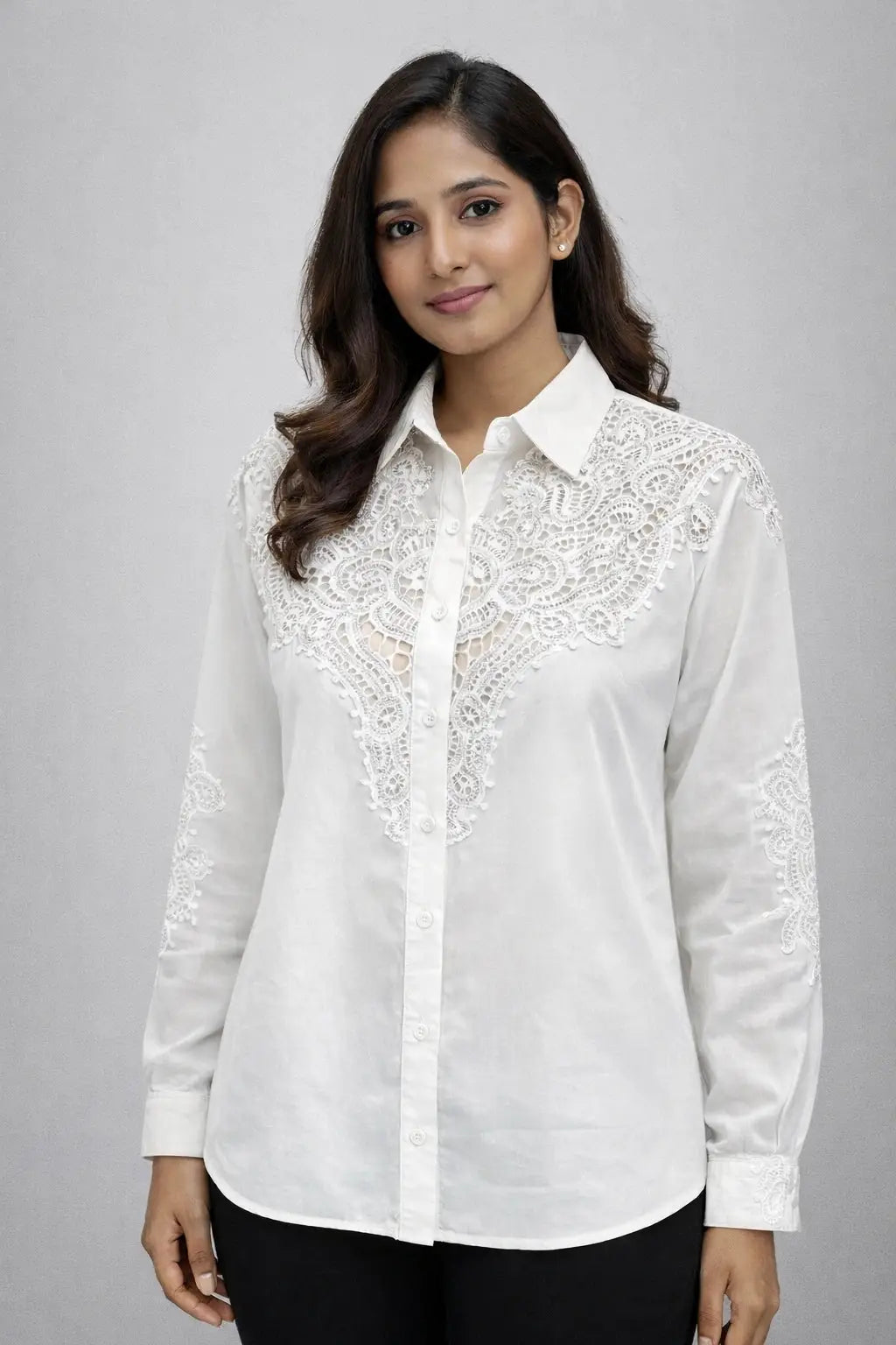 Women’s White Lace-Embroidered Shoulder Down Loose Fit Shirt - ASTRON