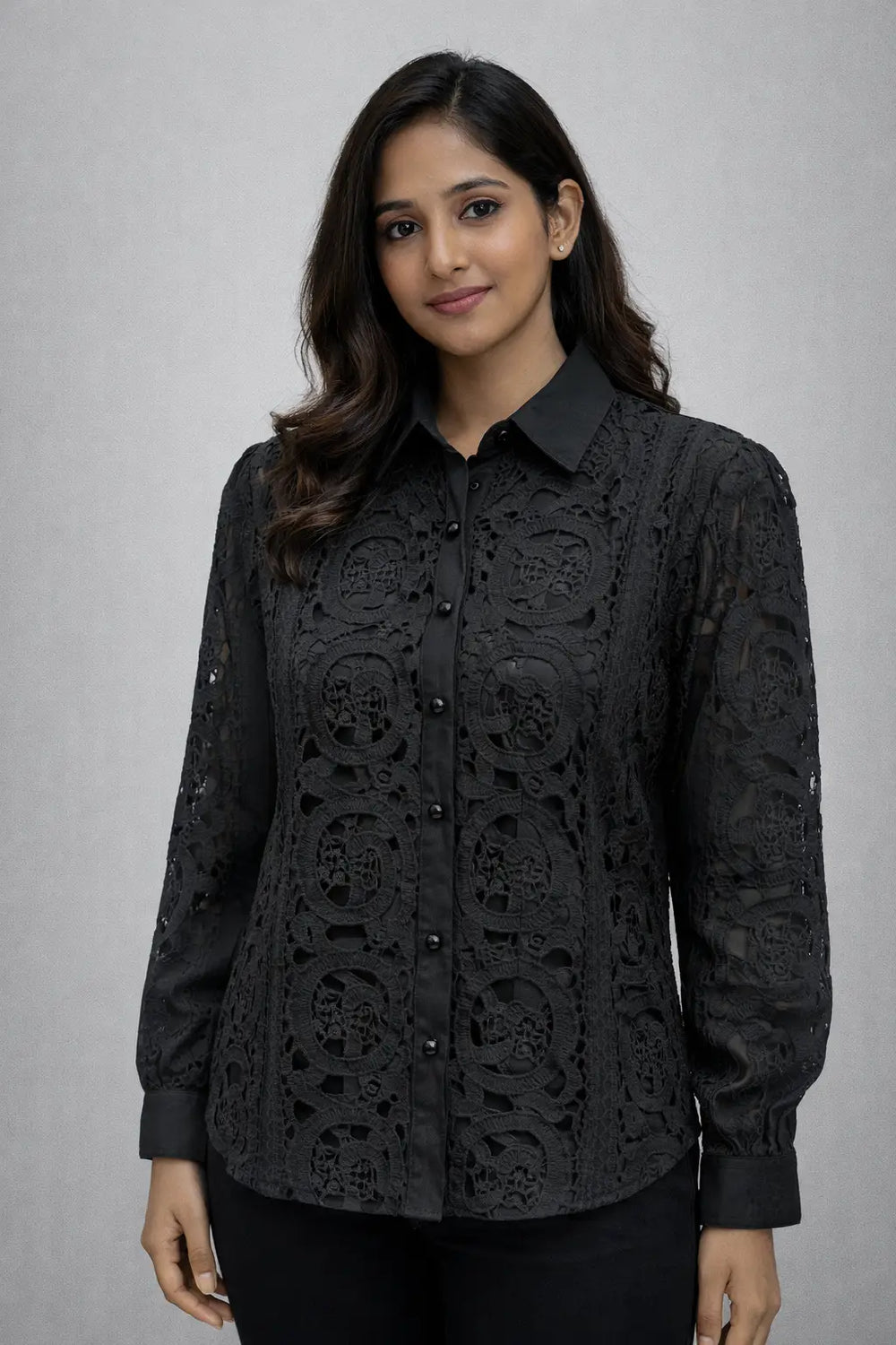 Women’s Black Lace Full-Sleeve Shirt - ASTRON