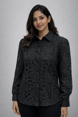 Women’s Black Lace Full-Sleeve Shirt