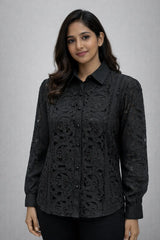 Women’s Black Lace Full-Sleeve Shirt - ASTRON