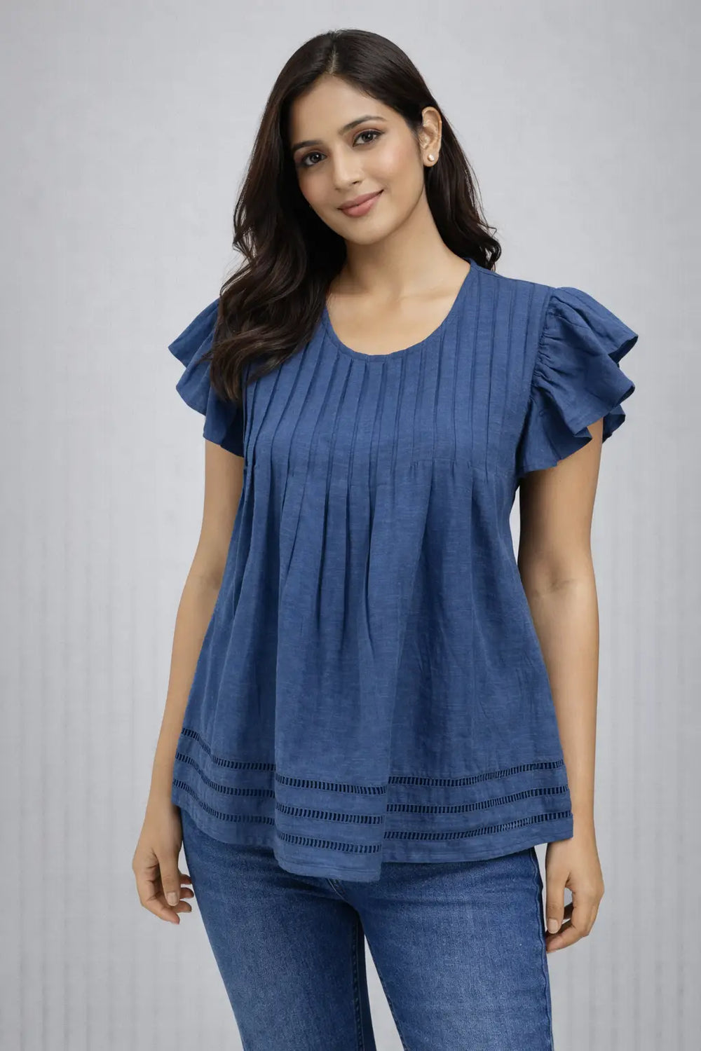 Women’s Blue Ruffle-Sleeve Pintuck Top - ASTRON