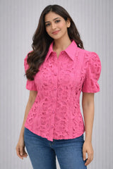 Women’s Pink Lace Short-Sleeve Button-Down Shirt - ASTRON
