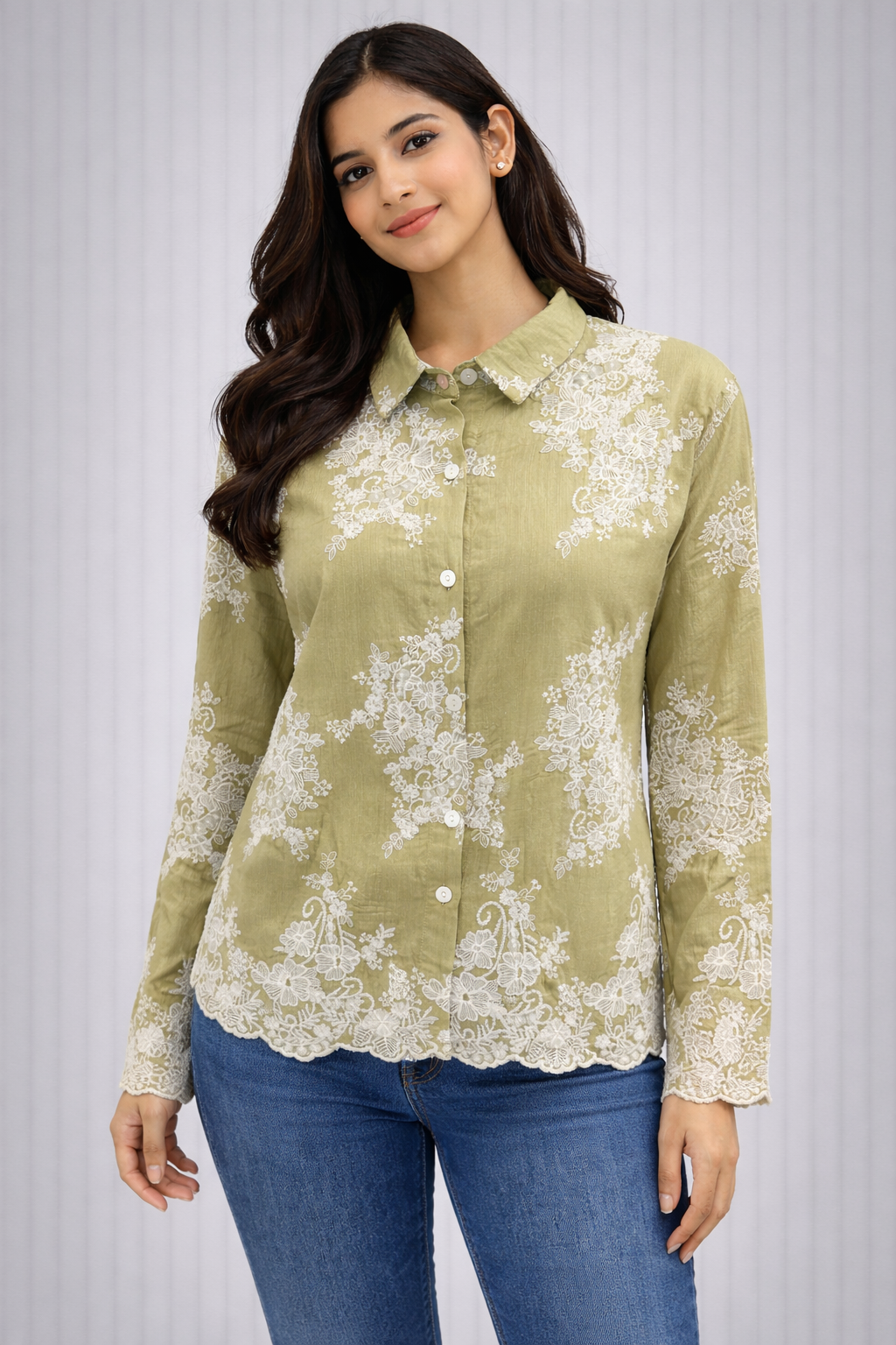 Women’s Olive Green Embroidered Button-Down Shirt