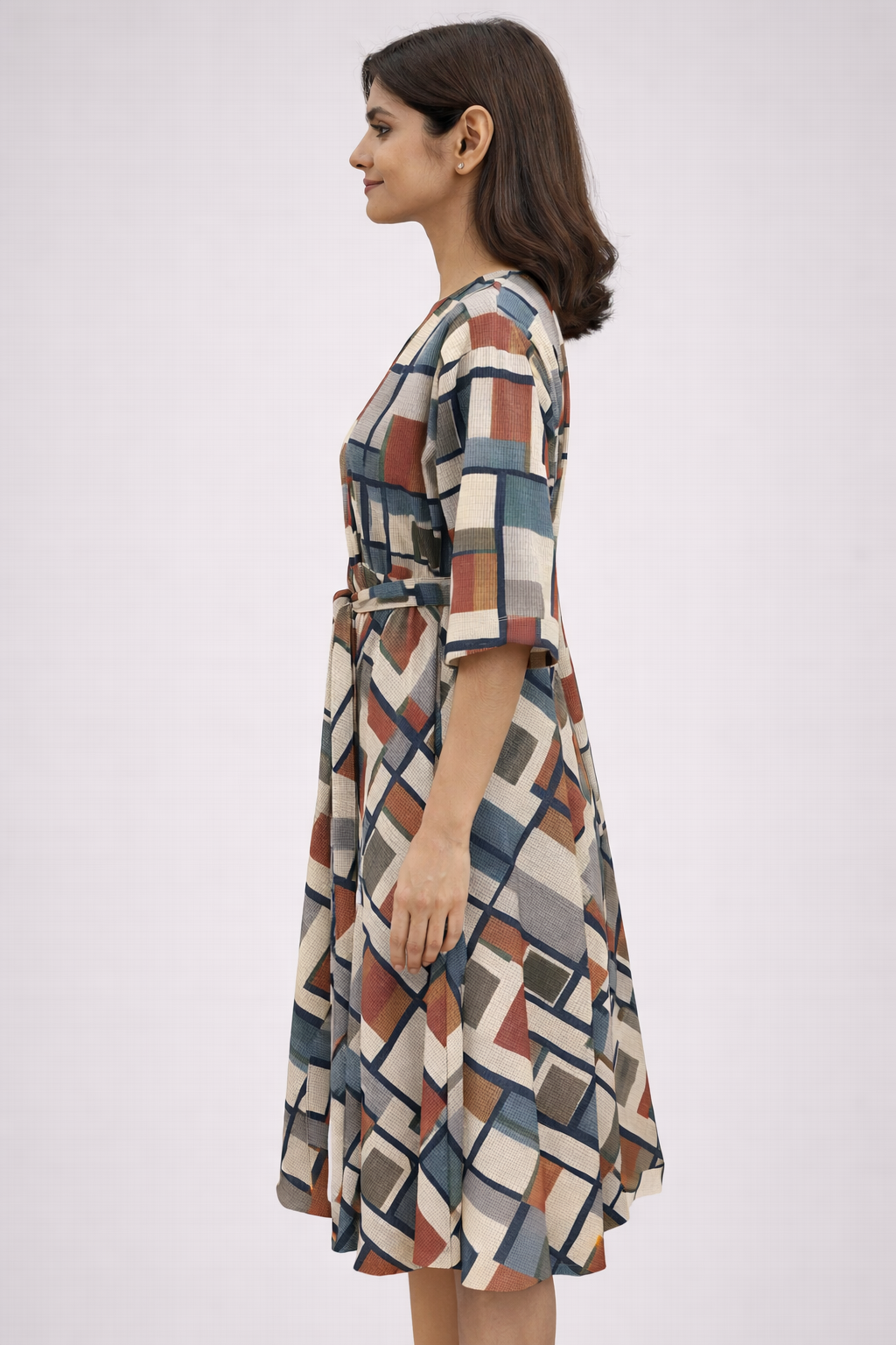 Women’s Geometric Print Belted Midi Dress